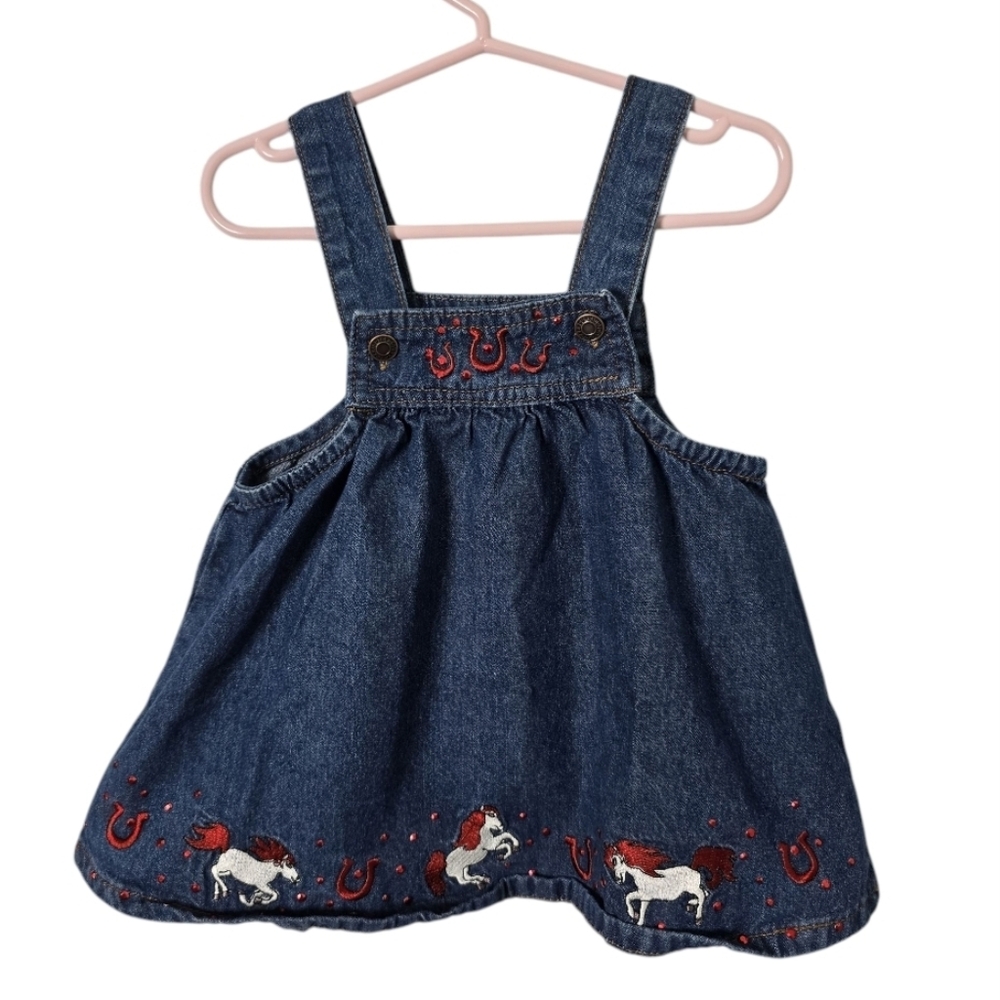 Baby Korral Denim Bib Dress Embroidered Horses Size L 24 mons toddler Blue Red *